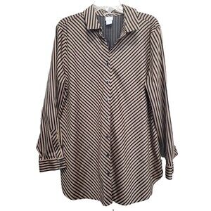 Chico's No Iron Chic Stretch Brown Striped Cotton-Blend Button-Up Tunic 3 (XL)
